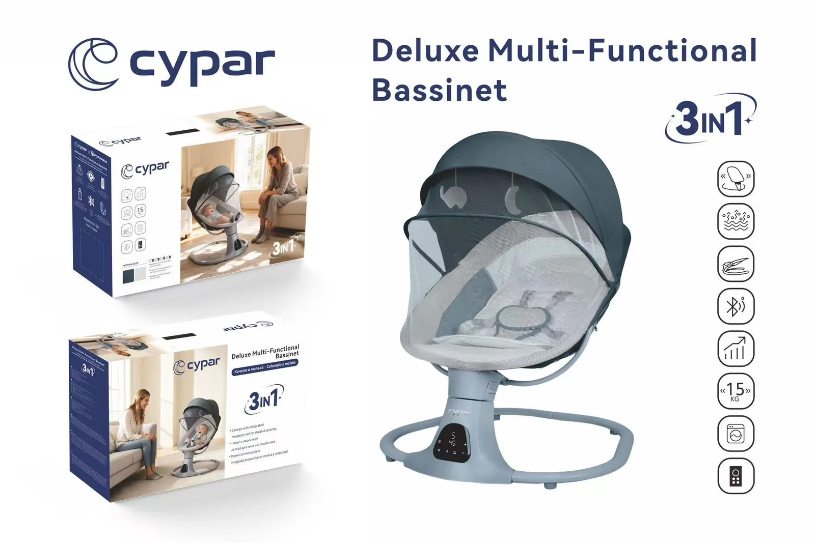 Cypar Deluxe Multi-Functional Bassinet 3 në 1 – Krevat, Lëkundëse & Karrige për Foshnja